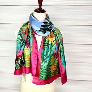 Perry Ellis Oblong Silk Scarf Bright Green Pink Tropical Floral 17x64” Japan Vtg